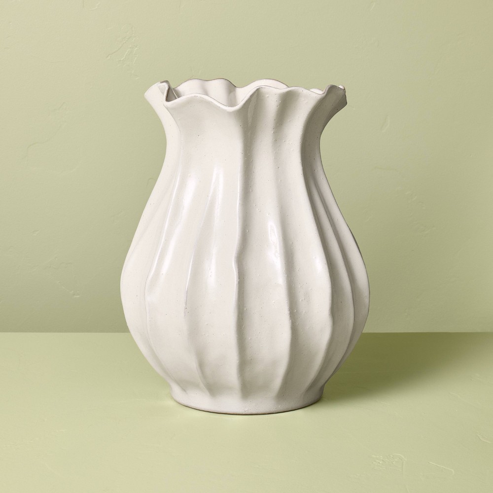 16" Pleated Ceramic Vase Sour Cream - Hearth & Hand™ with Magnolia