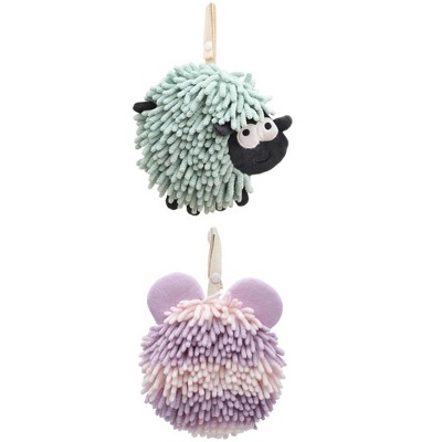 REGALWOVEN 2 Packs Chenille Fuzzy Ball Bathroom Sheep Shape Absorbent Fast Drying Hand Towels 7" x 7"