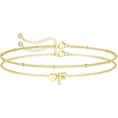 Dainty Initial Heart Gold Bracelets for Women Trendy, 14K Real Gold Letter Charm Bracelet Jewelry