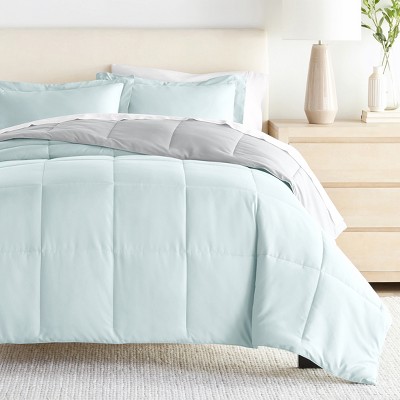 Full/Queen Aqua and Light Gray Reversible Microfiber Comforter Set