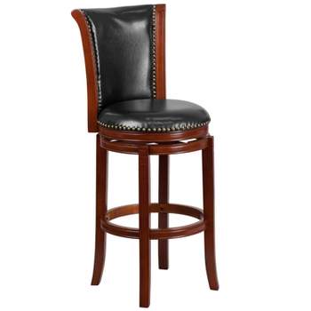 Merrick Lane 30" Dark Chestnut Wooden Bar Stool with Black Faux Leather Upholstered Swivel Seat and Brass Nail Head Trim
