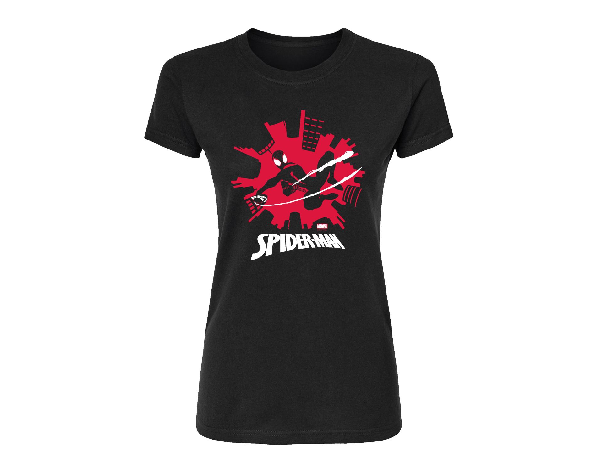 Women's Marvel Spider-Man Miles Skyline Fitted Graphic T-Shirt - Black - Large