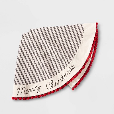 48in Striped Linen "Merry Christmas" Pom Pom Trim Tree Skirt Black/Natural - Wondershop™
