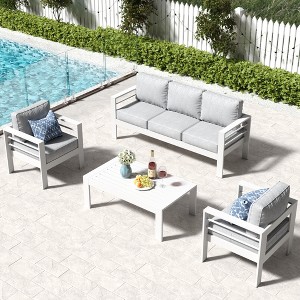 LayinSun Outdoor Aluminum Furniture Set, 4 Pieces Patio Sectional Conversation Chat Sofa Modern Seating Set with Coffee Table - 1 of 4