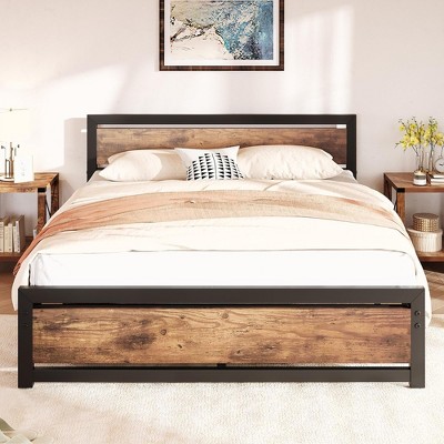 Full Size Bed Frame Platform with Headboard, Industrial 14 inch Full Bedframe No Box Spring Needed,Retro Brown