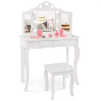 Kids Vanity Table and Chair Set with Removable Tri-Folding Mirror-White | Costway