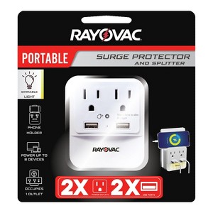 RAYOVAC® 2-AC Outlet and 2-USB Port, Portable Surge Protector/Splitter Wall Tap with Phone Holder and Night-Light, SS-Q202 in White - 1 of 4