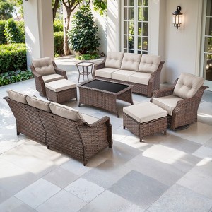 POCASSY 6 Inch Thick Cushion Patio Furniture Set with Swivel Glider Chairs, 8 Piece Patio Set with Brown Wicker Round Rattan and Olefin Cushion Cover - 1 of 4