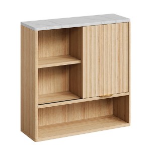 Fluted Bathroom Wall Cabinet with Sliding Door, Faux Marble Top, Adjustable Shelf & Open Storage, Curved Wall Mounted Organizer - 1 of 4