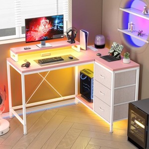 43 Inch Computer Desk, L Shaped Desk with Power Outlets and Led Lights, 3-Drawer Gaming Desk with Storage Shelves and Monitor Stand - 1 of 4