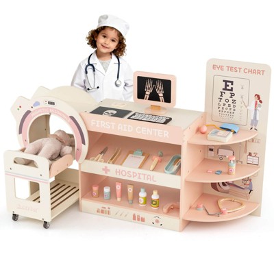 Costway Wooden Doctor Play Set for Kids Pretend Play Doctor Kit with Toy CT Machine Blue/Pink