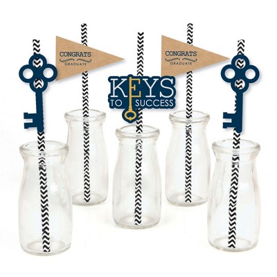 Big Dot of Happiness Grad Keys to Success Paper Straw Decor - Graduation Party Striped Decorative Straws - Set of 24