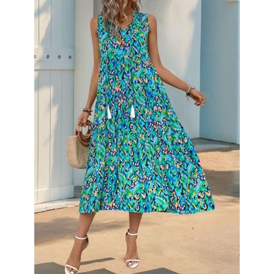 Coolmee Women Boho Dresses V Neck Loose Fit Casual Sleeveless Dress Bohemian Geometric Pattern Maxi Casual Summer Dresses