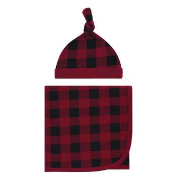 Touched by Nature Baby Boy Organic Cotton Swaddle Blanket and Headband or Cap, Buffalo Plaid, One Size