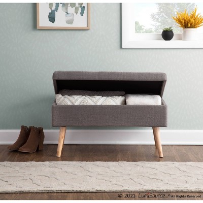 Contemporary Gray Fabric Upholstered Storage Bench with Natural Wood Legs