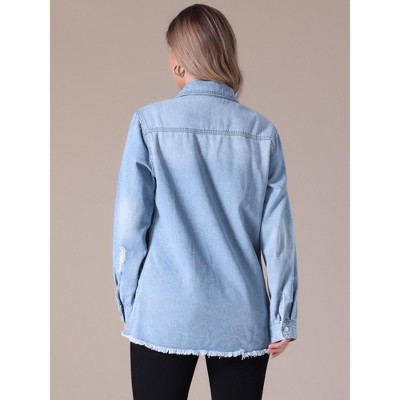 INSPIRE CHIC Women's Frayed Hem Long Sleeve Button Up Oversized Denim Jackets with Pockets Large Light Blue — фото 3