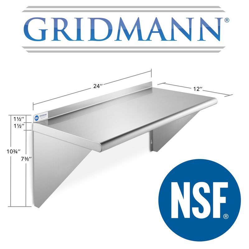 GRIDMANN 12" Deep Stainless Steel Kitchen Wall Mount Shelves with Backsplash - NSF Certified, 5 of 8