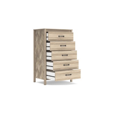 Tan Oak Grain Mid-Century 5-Drawer Dresser with Chevron Pattern