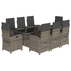 vidaXL 9 Piece Patio Dining Set with Cushions - Gray Poly Rattan Reclining Chairs, Glass Tabletop, Adjustable Backrest - for Garden, Backyard, Patio - 1 of 4