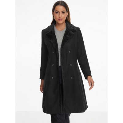 Allegra K Women's Winter Faux Fur Collar Double Breasted Long Warm Coats X-Large Black — фото 4