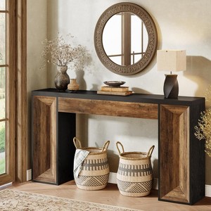 Tribesigns 63"Farmhouse Console Table, with Dual-Tone Design, Rectangular Wood Sofa Table Behind The Couch, for Hallway, Living Room,Black and Brown - 1 of 4