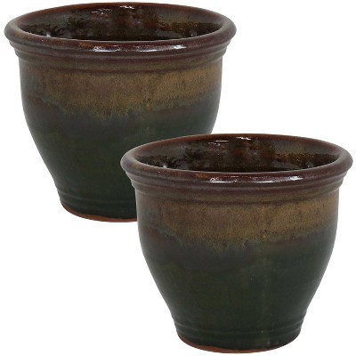 Sunnydaze Studio Outdoor/Indoor High-Fired Glazed UV and Frost-Resistant Ceramic Flower Pot Planters - 9" Diameter - Forest Lake Green - 2-Pack