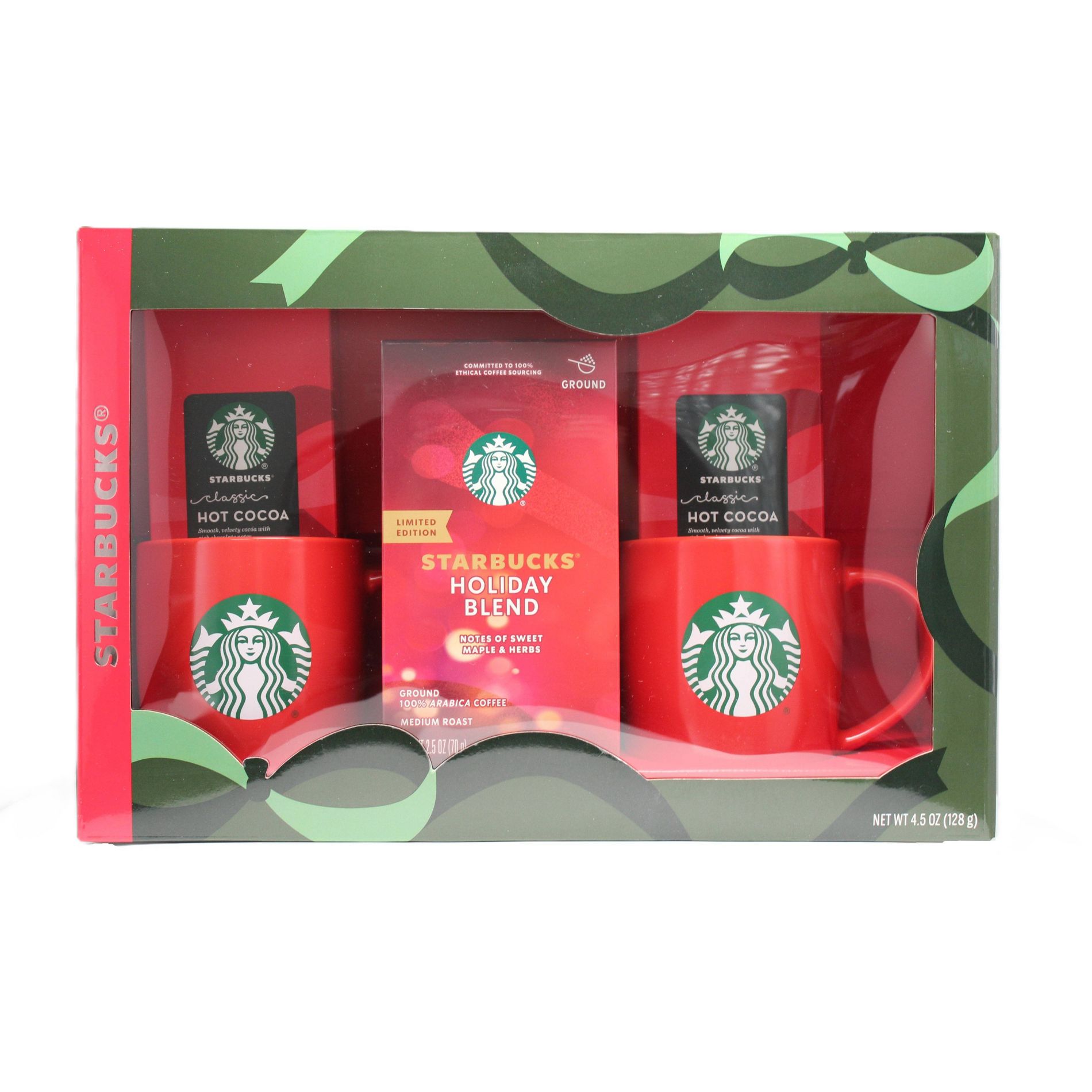 Starbucks Mugs with Holiday Blend Medium Roast Ground Coffee and Cocoa Gift Set - 4.5oz/5pc