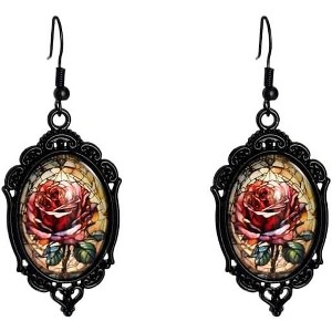Gothic Rose Dangle Earrings - Vintage Punk Crystal Glass, Victorian Mystic Dark Halloween Jewelry - 1 of 4
