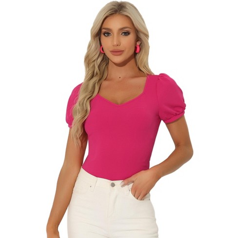 Allegra K Women's Short Sleeve Sweetheart Neck Bodysuit Hot Pink X-Small