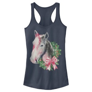 Juniors Womens Lost Gods Christmas Wreath Horse Racerback Tank Top - 1 of 4