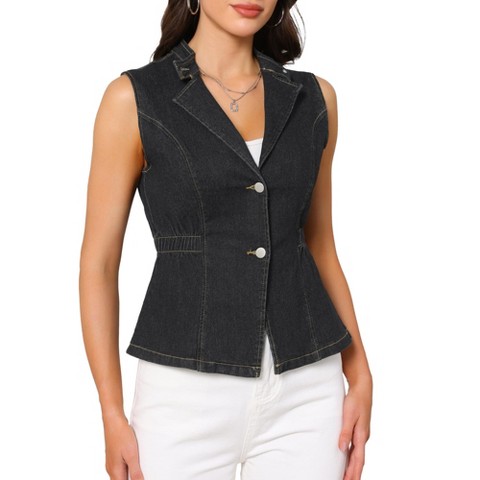 INSPIRE CHIC Women's Denim Button Down V Neck Elastic Waist Waistcoat Sleeveless Jean Jacket Black XX-Large
