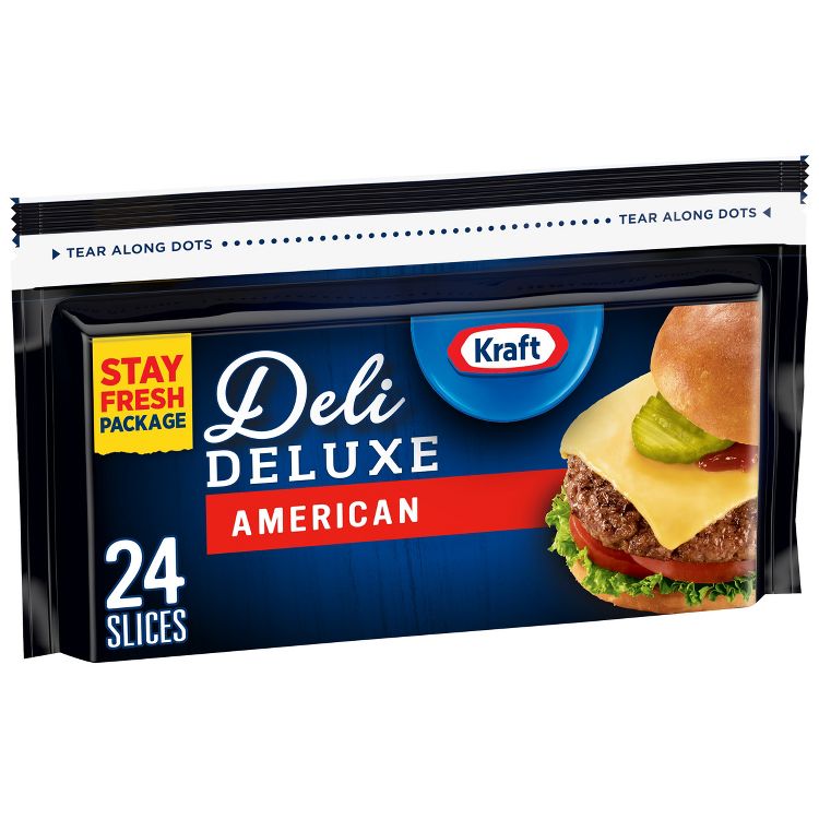 Package of Kraft Deli Deluxe American cheese with 24 slices, featuring a burger image and "Stay Fresh Package" label.