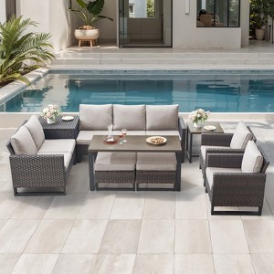 Belord 9 Pieces Outdoor Patio Furniture Sectioanl Set with Brown All Weather Wicker, L-Shaped Patio Sectional Set with Storage Deck Box - 1 of 4