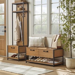 Modular Entryway Storage Bench with Shelving - Aged Oak - Hearth & Hand™ with Magnolia: Iron Frame, Farmhouse Style, CARB Certified - 1 of 4
