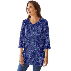 Woman Within Plus Size Perfect Printed Three-Quarter-Sleeve V-Neck Tunic - 1 of 4