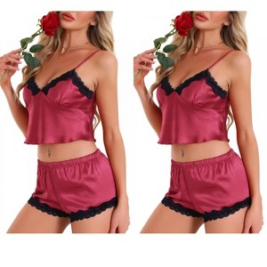 INSPIRE CHIC Women's 4 Pcs Loungewear Satin Lace Sleeveless Spaghetti-Strap Removable Pad Cami & Shorts Pajama Set - 1 of 4