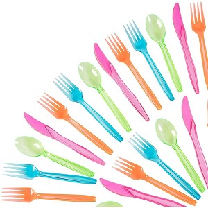 Juvale 216-Piece Neon Plastic Silverware Set, Disposable Party Cutlery Utensils Combo Pack - 54 Green Spoons, 54 Blue Forks, 54 Forks, 54 Pink Knives - 1 of 4