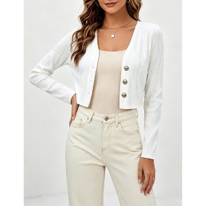 トップス PLATE VNECK OVER CARDIGAN Women Textured V Neck Long Sleeve Crop Cardigan 3 Metal Button
