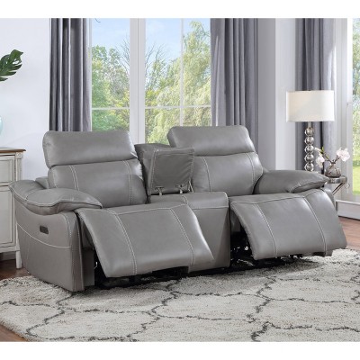 Gray Faux Leather Power Reclining Loveseat with Storage and Cup Holder