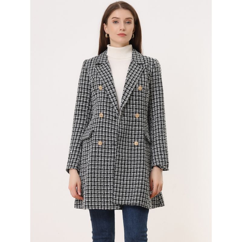Allegra K Women's Notched Lapel Collar Coat Elegant Double-Breasted Plaid Tweed Blazer Outerwear, 3 of 7