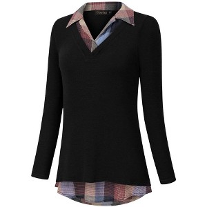 Women's Short Sleeve V-Neck Contrast Collared Shirts Patchwork Work Blouse Tunics Tops - 1 of 4