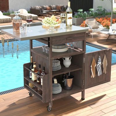 Rolling Kitchen Cart With Stainless Steel Top And Storage Cabinet,Solid Wood Kitchen Island Cart With Drawer And Towel Rack -Maison Boucle