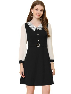 Allegra K Women's V Neck Button Decor Elegant Contract Panel Mini Dress