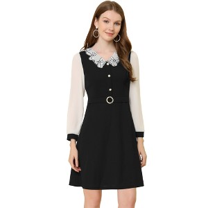 Allegra K Women's V Neck Button Decor Elegant Contract Panel Mini Dress - 1 of 4