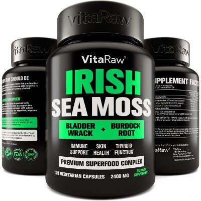 VitaRaw Organic Irish Sea Moss Capsules – 2400mg | Burdock Root, Bladderwrack & Black Pepper | Immune, Gut & Joint Support | 120 Vegan Capsules
