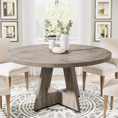 Okak Farmhouse Wood Large Round Dining Table with Cross Base,Wooden Kitchen Dinner Table for Dining Room,Breakfast Nook