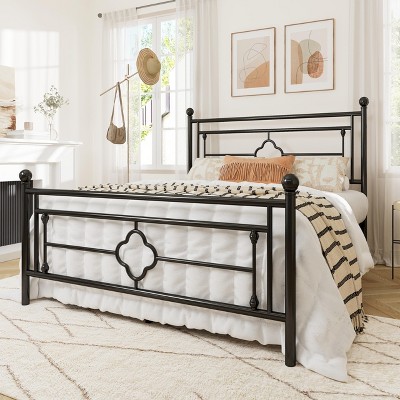 Allewie Queen Black Metal Platform Bed Frame with Victorian Headboard and Storage