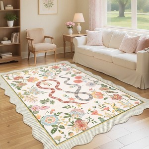 Scalloped Edge Area Rugs for Living Room Bedroom Floral Printed Snake Pattern Washable Rug Soft Non-Slip Low Pile Accent Rug - 1 of 4