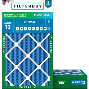 Filterbuy 16x25x4 Air Filter (2-Pack), Pleated MERV 13 Health Defense Replacement HVAC AC Furnace Filters (Actual Size: 15.50 x 24.50 x 3.63) - 1 of 4