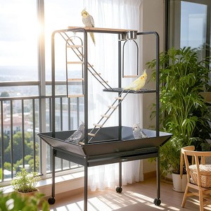 64" Bird Play Stand Center w/ Perches, Ladders, Rotating Ring & Removable Tray, Lockable Casters for Indoor Outdoor Use for Macaw, Parakeet - 1 of 4